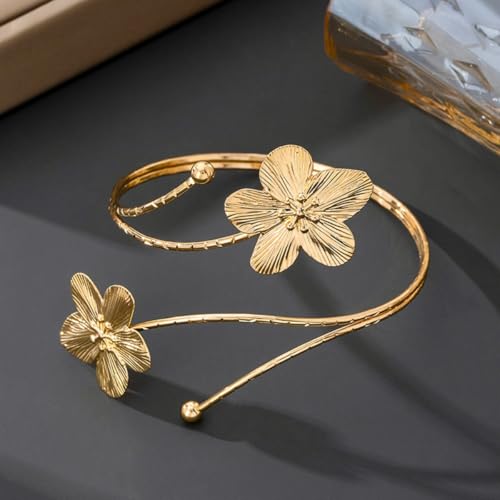Arm Cuff for Women Gold Upper Arm Bracelet Minimalist Adjustable Cuffs Bangle Punk Dress Jewelry - style: Flower B