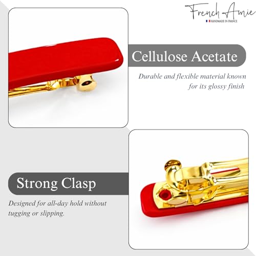 French Amie Rectangular Handmade Small Hair Barrette 2 1/4 Inch with Metal Clasp, Cellulose Acetate Hair Clip Grip for Women & Girls, Strong Hold for Fine Hair, Bangs, and Half-Up Styling (Red) - color: Red