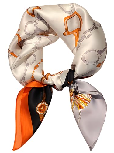 100% Mulberry Silk Scarf for Women Hair Lightweight Square Neckerchief Wrap For Head Scarves 21" - color: 10-orange Chain Clasp /21"*21"