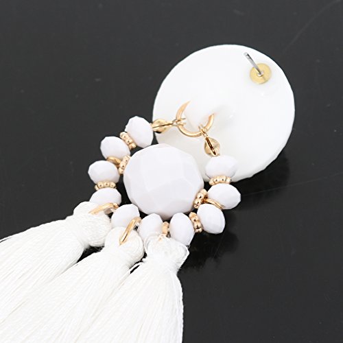 boderier Bohemian Statement Thread Tassel Chandelier Drop Dangle Earrings with Cassandra Button Stud - color: White