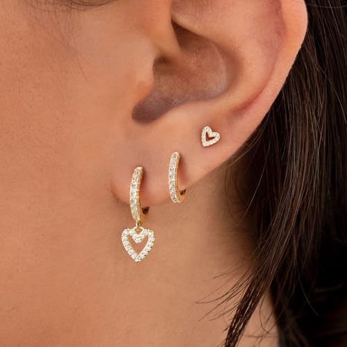 3 Pairs Small Earring Stacks, 14K Gold/Silver/Black/Rose Gold Plated Pearl Heart Butterfly Star Diamond Charm Drop Huggie Earrings Trendy Jewelry Gift for Women - color: Gold-Diamond Heart