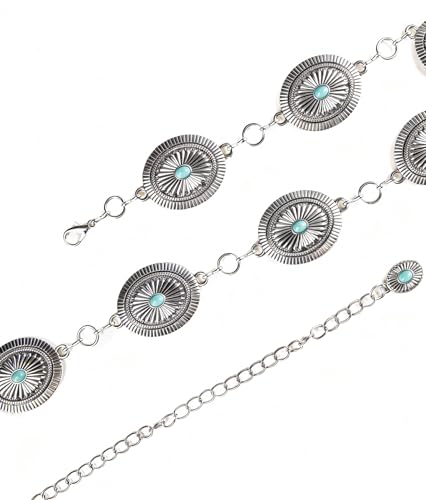 Dubulle Womens Belt Chain Leather Belts Vintage Western Adjustable Elastic Double Buckle for Cowboy Pant Dress - color: W Silver