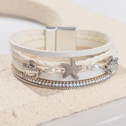 FANCY SHINY Turtle Starfish Leather Wrap Bracelet Boho Rhinestone Pearl Cuff Bracelets for Women Summer Beach Jewelry for Women - color: White