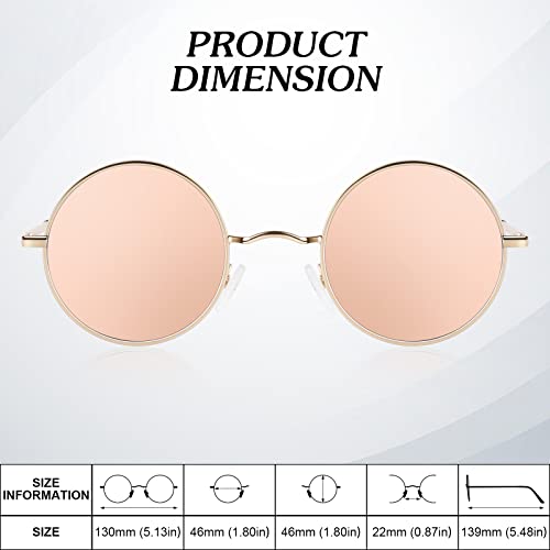 Round Polarized Sunglasses Men Women,Retro Metal Hippie Shades with 100% UV Protection - color: A05- Golden Frame Pink Lens