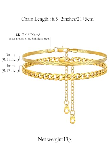 FindChic Black/Silver/Gold Plated Anklets Set of 2PCS/3PCS Herringbone Chain Cuban Link Heart Charm Sparkling Tennis Ankle Bracelets, Waterproof Summer Foot Jewelry for Beach - color: 03. Yellow-2PCS Cuban & Herringbone