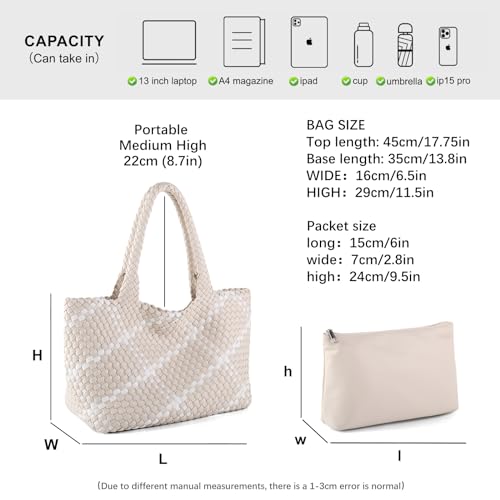 Woven Tote Bag Womens Purse Vegan Leather Shoulder Handbags Fashion Summer Beach Tote Bags Large Travel Totes - color: Beige-w