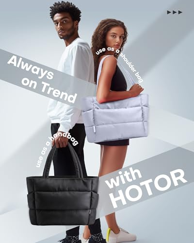 HOTOR Puffer Tote Bag for Women, Nurses - Multi-Pocket Lightweight Bag for Work - Quilted Handbag for Travel and Gym - color: Purple Gray, size: 18.1" × 6.3" × 11.8"