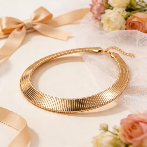 Chunky Chain Necklaces Women Statement Collar Necklace Gold Flat Snake Chain Choker Ribbed Design for Party, Dress Jewelry Gifts - color: A1