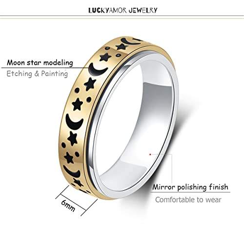 Anxiety Ring for Women Spinner Rings:Rotating Rings Stainless Steel 6mm Moon Star Anxiety for Men Band Jewelry Gift for Women Size 6 7 8 9 10 - color: A-Gold