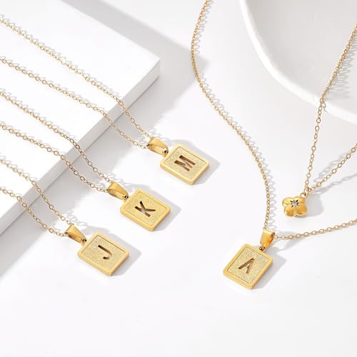 KELORIS PATH Layered Initial Necklaces for Women, 18K Gold Plated Stainless Steel Necklaces Set with Dainty Four Leaf Clover Square Cutout Letter Pendant, Fashion Jewelry for Gifts - style: M Letter