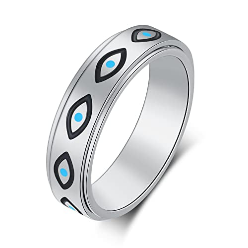 Anxiety Ring for Women Spinner Rings:Rotating Rings Stainless Steel 6mm Moon Star Anxiety for Men Band Jewelry Gift for Women Size 6 7 8 9 10 - color: Evil Eye-Silver