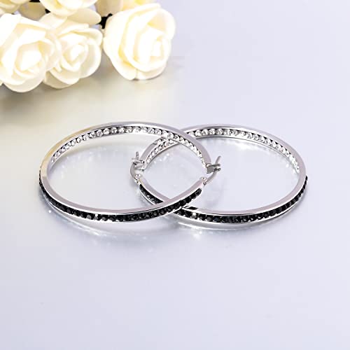 CiNily Mult-colors Crystal Stainless Steel Hoop Earring for Women Hypoallergenic Jewelry for Sensitive Ears Large Big Hoop Earrings 2" - color: White and Black