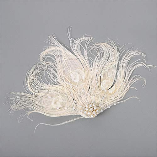 Fascinator Peacock Feather Hair Clips Flapper Headband Art Deco 20's Accessories for Women - color: 05beige