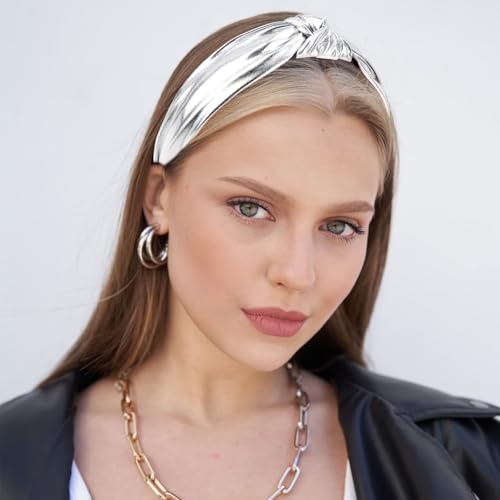 YISSION Silver Knotted Headband Wide Headbands for Women No Slip Fashion Head Band Top Knot Hairband Hair Accessories for Women - color: Silver