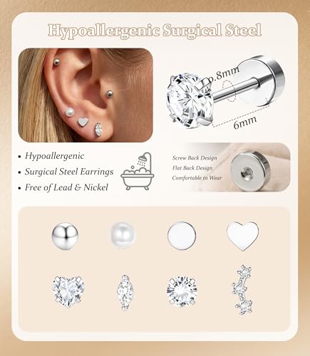 Incaton Hypoallergenic Flat Back Earrings for Women Silver 14K Gold Plated Surgical Stainless Steel Stud Earrings Cubic Zirconia Cartilage Studs Earrings For Multiple Piercing Sensitive Ears - color: 5-SILVER