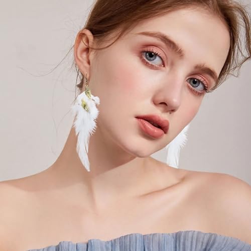 Feather Earrings for Women Bohemian Fringe Tassel Long Drop Dangle Earrings Lightweight Boho Statement earrings - color: white