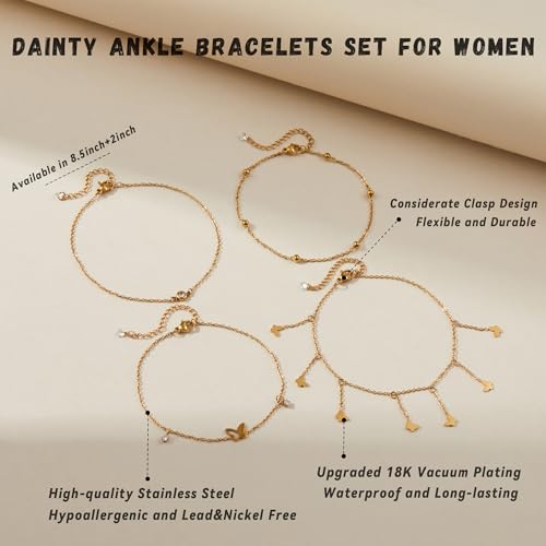 LOFITOR Ankle Bracelets for Women Glitter Waterproof Adjustable Anklet Set for Women 18K Gold Plated Silver Charm Dainty Layered Anklets, Summer Beach Anklet Jewelry for Women - style: Butterfly Gold