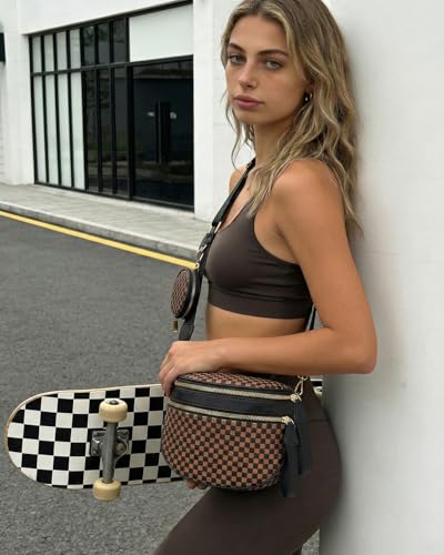 Valentoria Large Woven Leather Crossbody Bags for Women Checkered Bum Bag Sling Bag Purse Adjustable Strap Detachable Wallet | Woven - color: Black&brown Checkered