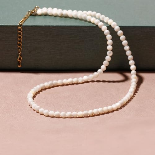 Simple Choker Necklace for Women Real Stone and Crystals Necklaces 4mm Beaded Choker Jewelry Meditation Gift for Women (16"+2") - style: White Shell