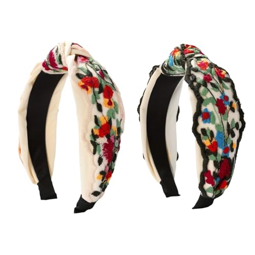 TURTLEDOVE 2 PCS Celtic Flowers Embroidered Headbands, White with Multicolor Flowers, Knotted Design, Wide Fashion Hair Accessory - color: White