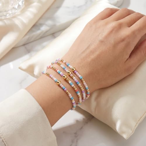 Boho 4Pcs Stack Colorful Small Seed Beaded Bracelets Set for Women, Cute Handmade Dainty Trendy Gold Plated Stretch Accessories Thin Glass Jewelry, Summer Daily Party Friendship Gift - color: Purple White
