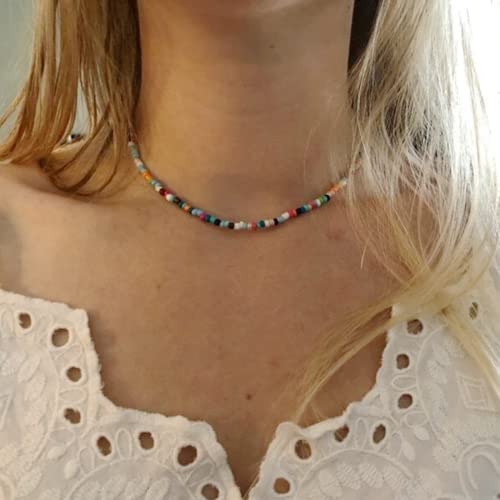 Roe Dolph Colorful Beaded Necklaces for Women Boho Beaded Necklace Beach Surfer Jewelry Handmade White Pink Blue Beads Summer Outfits Accessories - color: B4-Color Beaded Necklace