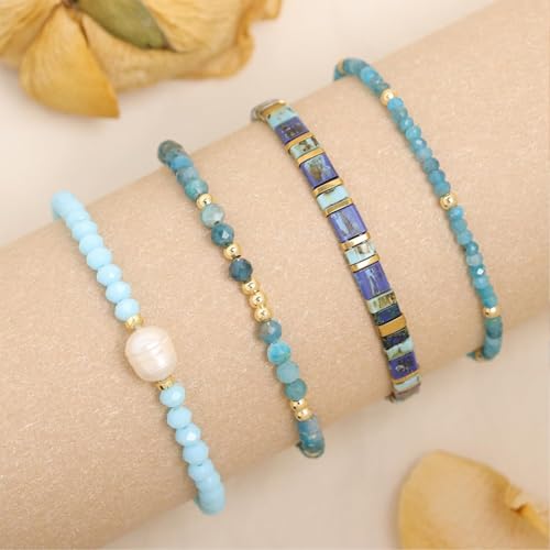 Tila Flat Beaded Stretch Bracelet for Women,Bohemian Friendship Bead Bracelets Handmade Stack Boho Jewelry Accessory for Everyday Wear, Vacation and Friend Gifts - color: blue