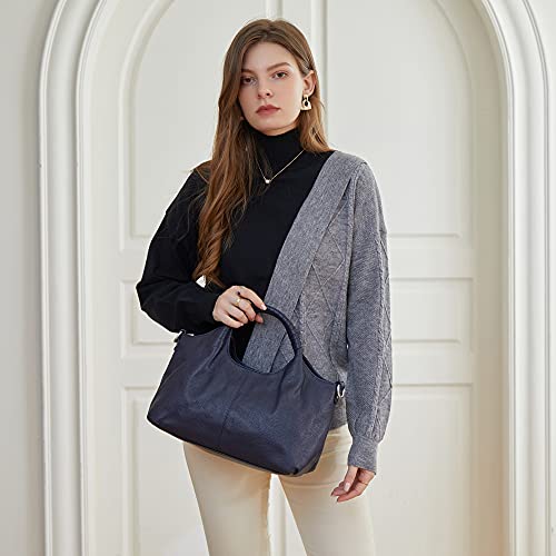 Iswee Genuine Leather Shoulder Bags Purses and Handbags for Women Satchel Designer Cross Body Hobo Medium Size Tote - color: Navy Blue