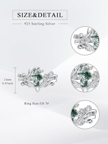 Natural Moss Agate Ring for Women 925 Sterling Silver Pear/Oval/Kite/Heart/Hexagon/Emerald/Coffin Cut Green Leaf Moss Agate Engagement Ring Promise Bridal Set Anniversary Birthday Jewelry Gifts - color: Coffin Cut Moss Agate