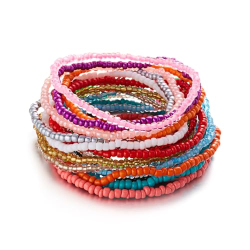 Fuqimanman2020 17Pcs Elastic Beaded Handmade Bracelets Bohemian Stackable Beaded Stretch Bracelets Colorful Rainbow Seed Beach Anket Bracelet Set Summer Jewelry for Women - color: Colorful