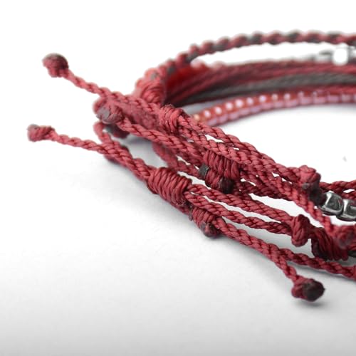 Mezcla Vida Handmade Waterproof Rope Bracelets Pack String & Beaded Bracelet Stack - Set of 5 Stackable Bracelets For Women, Summer Accessories & Bohemian Bracelets for Teen Girls - color: Dark Red