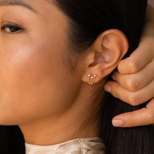 Gold Silver Earrings For Women,14K Gold/Silver Plated Hypoallergenic Stud Earrings For Women Trendy ,Minimalist Simple Unique Gold Silver Diamond Cubic Zirconia Stud Earrings Dainty Cute Jewelry Gifts - style: 3 Diamond Stud-Gold