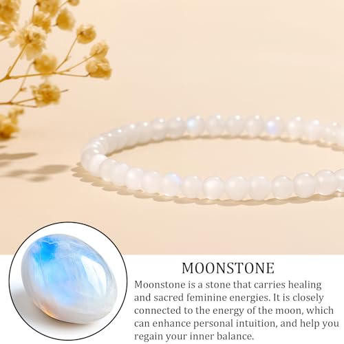 Natural Gemstone Beads Bracelets Healing Crystal Stone Beaded Bracelet for Women Men Handmade Spiritual Jewelry Gifts - color: Moonstone, size: Round Beads