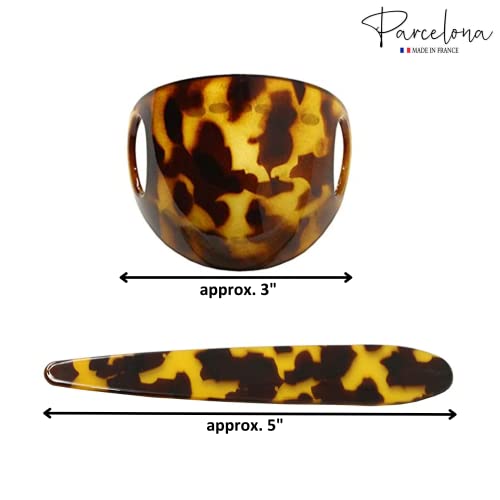 Parcelona French Classic Light Tortoise Shell Large 3” Celluloid Bun Holder Slider Pin Thru Hair Clip with Stick
