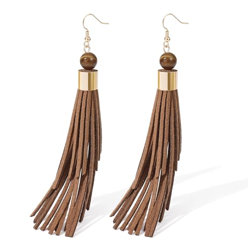 Coiris Boho Leather Layered Tassel Earrings for Women Lightweight Leather Fringe Dangle Earrings Handmade Bohemian Summer Beach Western Drop Earrings for Women - color: Brown