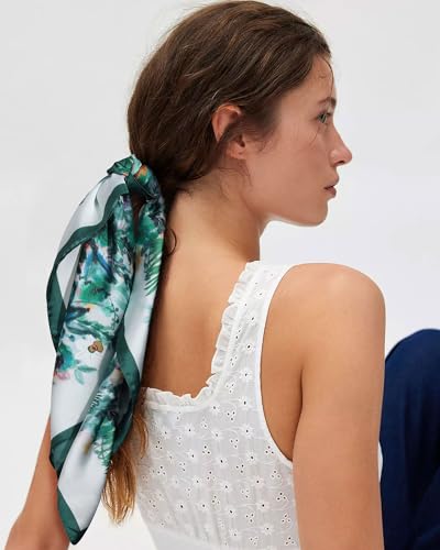 AWAYTR 27.5” Square Satin Head Scarf Hair Scarf for Women's Hair Silk Bandana for Women Silk Head Wrap for Sleeping - color: Flower (Dark Green)