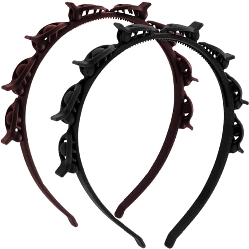 2 Pcs Headband with Clips, 90s Butterfly Hair Clips Headband with Teeth for Women, Braided Weave Bangs Non-Slip Clip Headbands Hair Accessories for Styling Decoration - 2 Colors - color: 2 Pcs,Flocked Black/Flocked Dark Coffee