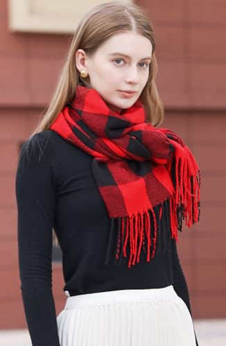 Wander Agio Women's Fashion Long Shawl Big Grid Winter Warm Lattice Large Scarf - color: Red Black Plaid