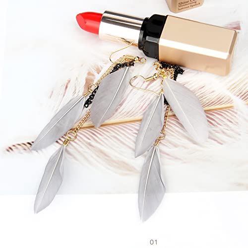 coadipress Boho Piercing Tassel Feather Long Chain Earrings Retro Lightweight Native Feather Dangle Drop Earrings for Women Bohemian Handmade Natural Feathers Earring Jewelry - color: Gray