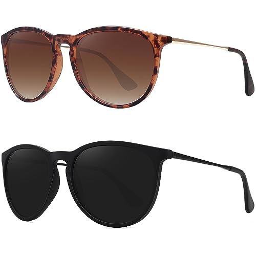 WOWSUN Retro Polarized Sunglasses Womens Trendy Round Classic Glasses - color: (2 Pack) Black Frame Black Lens + Leopard Frame Gradient Brown Lens