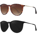 WOWSUN Retro Polarized Sunglasses Womens Trendy Round Classic Glasses - color: (2 Pack) Black Frame Black Lens + Leopard Frame Gradient Brown Lens
