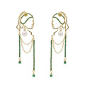 Unique Abstract Face Art | Dangle Statement Long Earrings for Women | Rhinestone Tassel Handmade Chandelier Earrings - color: Golden green diamond