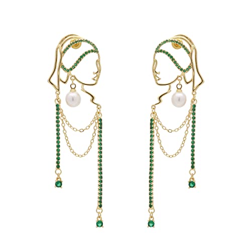 Unique Abstract Face Art | Dangle Statement Long Earrings for Women | Rhinestone Tassel Handmade Chandelier Earrings - color: Golden green diamond