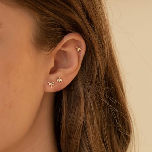 VRIUA 20G Tiny Flat Back Earrings for Women - 14K Gold/Silver Plated Small Flat Back Stud Earrings Hypoallergenic Cartilage Helix Piercing Jewelry - color: 5/6/6mm-Hummingbird Bee Dragonfly Flat Gold