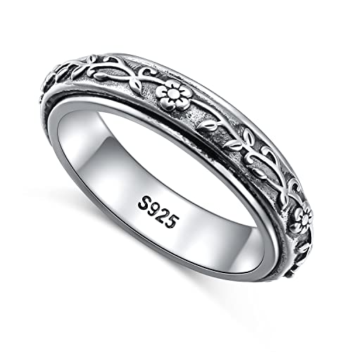 Ladytree Spinner Fidget Ring Sterling Silver Thumb Band for Women Anxiety Ring Platinum Plated Worry Stress Relief Just Breathe Boredom ADHD Autism Rings Boho Jewelry Gift - color: E-oxidized plum flower