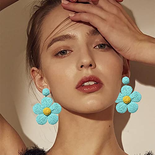 Rattan Earrings for Women Statement Boho Raffia Straw Wrapped Flower Drop Dangle Earrings Summer Tropical Beach Jewelry - color: Lake Blue