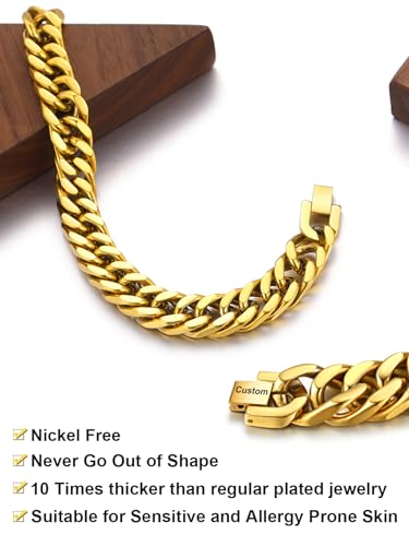 ChainsHouse Stainless Steel Cuban Link Bracelet, 8mm/12mm/17mm Width, 7.5"/8.3"/9", 18K Gold Plated Chain Wrist Bracelets for Men Women, Send Gift Box - color: V: Gold-8mm width-custom