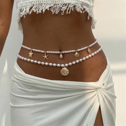 Gold Starfish Seashell Waist Chain Belt for Women Boho Mermaid Pearl Body Chain Summer Beach Vacation Bikini Jewelry Accessories - style: Pearl Double