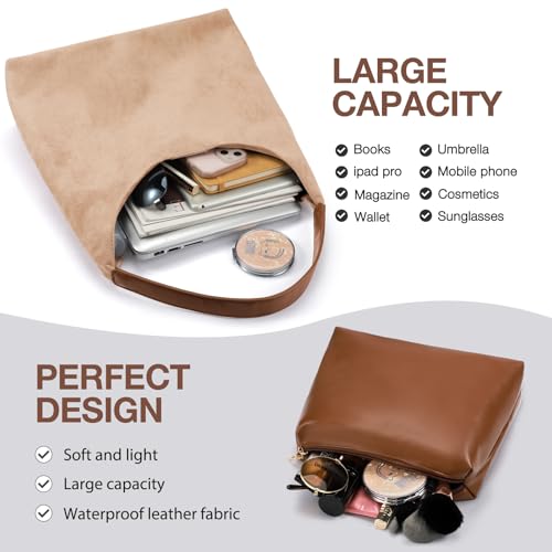 2-Piece Vegan Leather Purse Set for Women: Slouchy Hobo Shoulder Bag & Suede Tote Bag - color: Beige