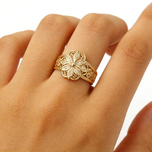 925 Sterling Silver Floral Filigree Ring for Women 14K Gold/Silver Plated,Vintage Classic Flower Statement Ring Jewelry Gifts for Her,Dainty Promise Ring for Anniversary Wedding Engagement Daily Size:6-10 - color: Gold